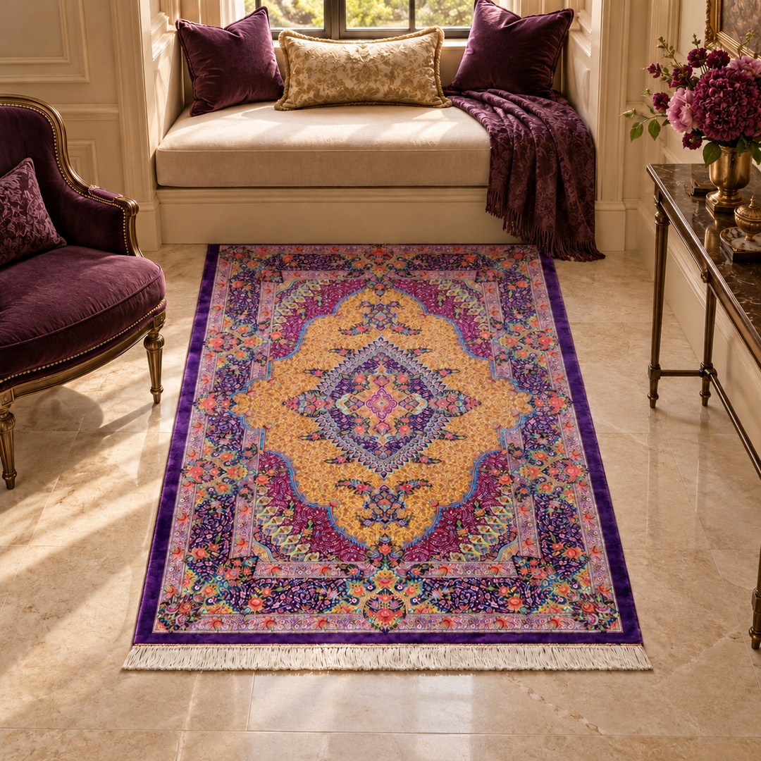 AI-generated interior visualization — MW-HM-0453, 150 × 98 cm rectangular rug. Styling illustration; original product photo shows exact details.