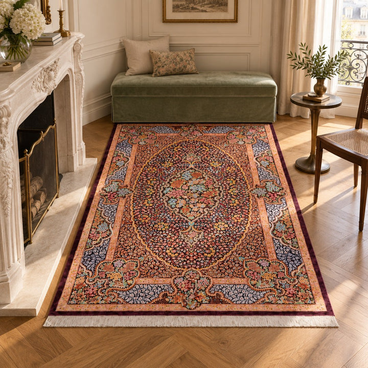 AI-generated interior visualization — MW-HM-0454, 152 × 101 cm rectangular rug. Styling illustration; original product photo shows exact details.