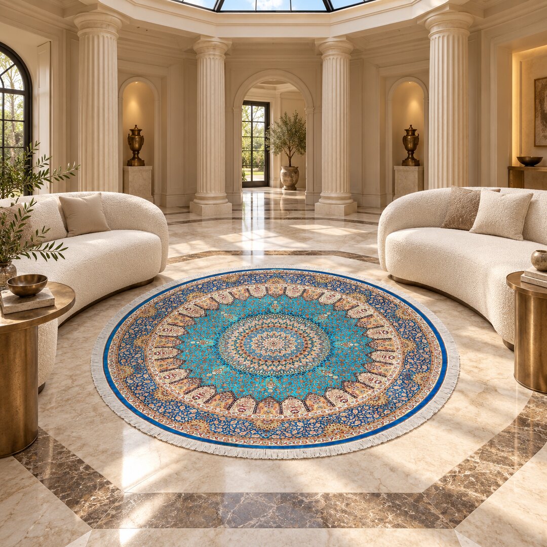 AI-generated interior visualization — MW-HM-0455, 198 x 198 cm rug. Styling illustration; original product photo shows exact details.