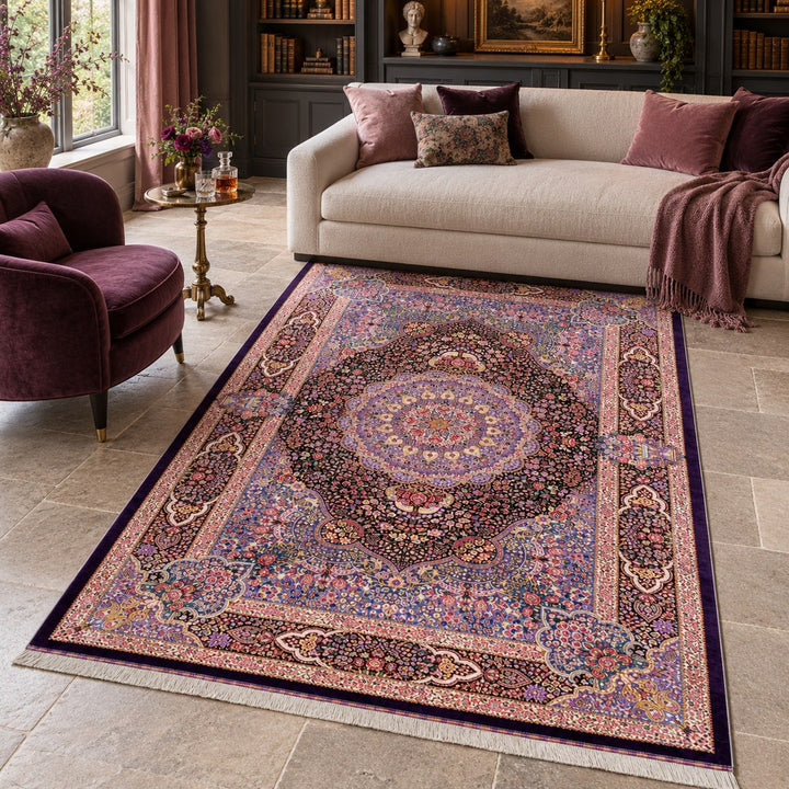 AI-generated interior visualization — MW-HM-0456, 200 × 134 cm rectangular rug. Styling illustration; original product photo shows exact details.