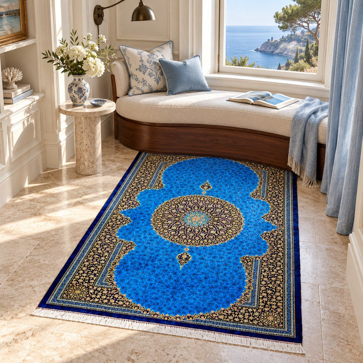 AI-generated interior visualization — MW-HM-0457, 148 × 100 cm rectangular rug. Styling illustration; original product photo shows exact details.