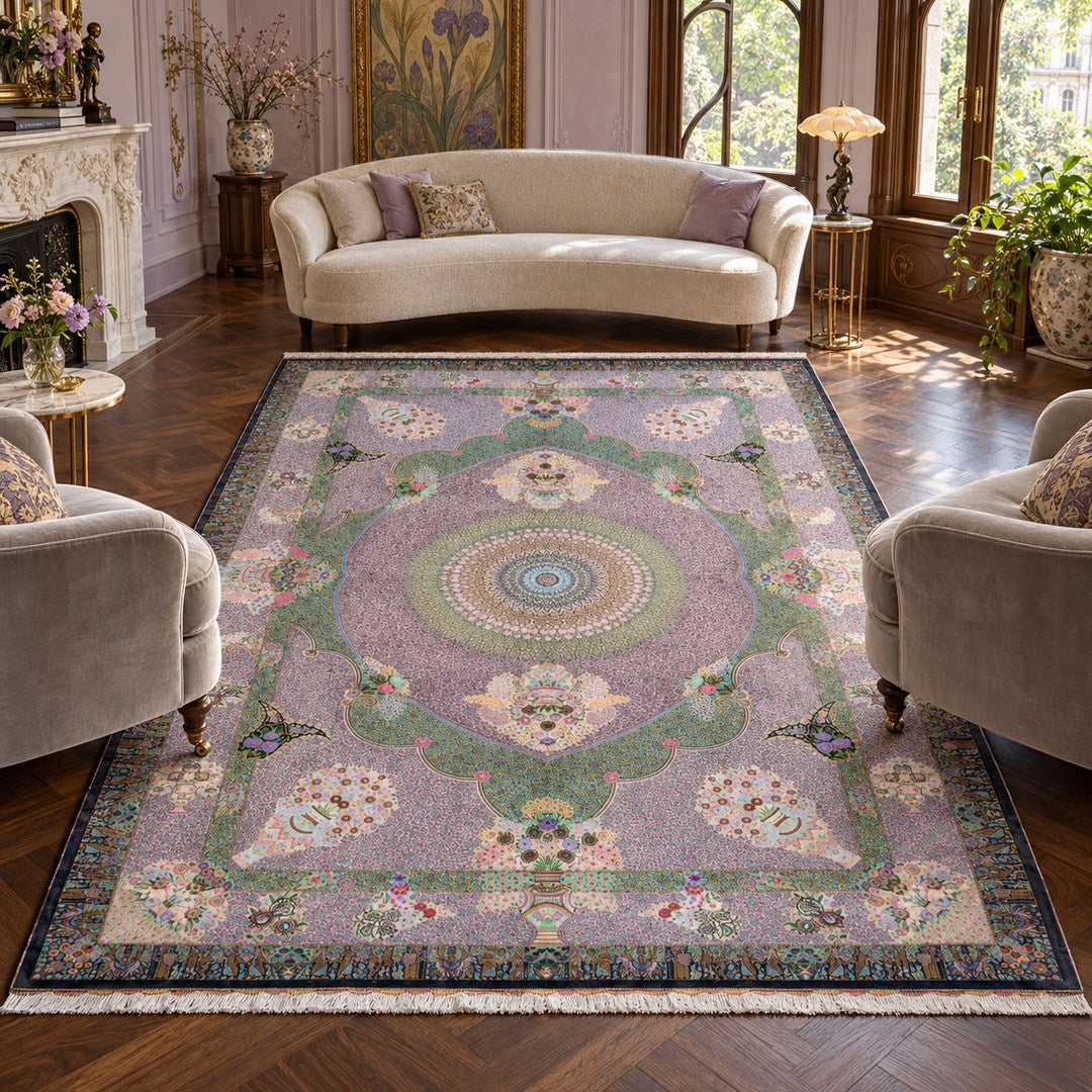 AI-generated interior visualization of MW-HM-0458, rectangular rug 293 × 202 cm. Styling illustration; see original product photograph for exact details.