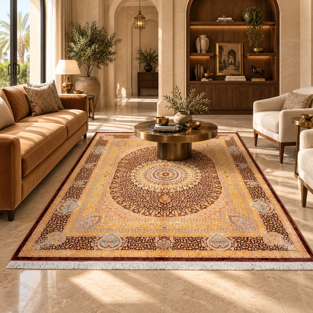 AI-generated interior visualization — MW-HM-0459, 244 x 196 cm rug. Styling illustration; original product photo shows exact details.