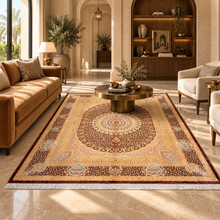 AI-generated interior visualization — MW-HM-0459, 244 x 196 cm rug. Styling illustration; original product photo shows exact details.