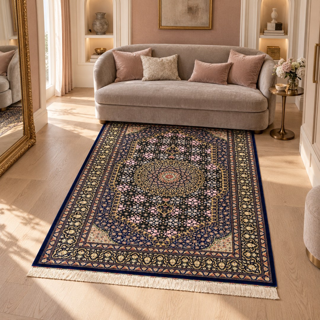 AI-generated interior visualization — MW-HM-0460, 150 × 98 cm rectangular rug. Styling illustration; original product photo shows exact details.