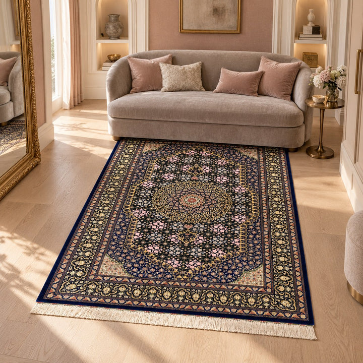 AI-generated interior visualization — MW-HM-0460, 150 × 98 cm rectangular rug. Styling illustration; original product photo shows exact details.