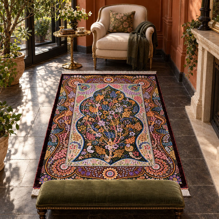 AI-generated interior visualization — MW-HM-0461, 152 × 100 cm rectangular rug. Styling illustration; original product photo shows exact details.