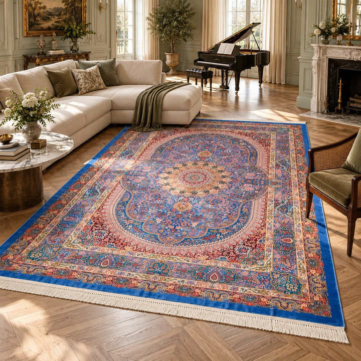 AI-generated interior visualization — MW-HM-0463, 344 × 248 cm rectangular rug. Styling illustration; original product photo shows exact details.