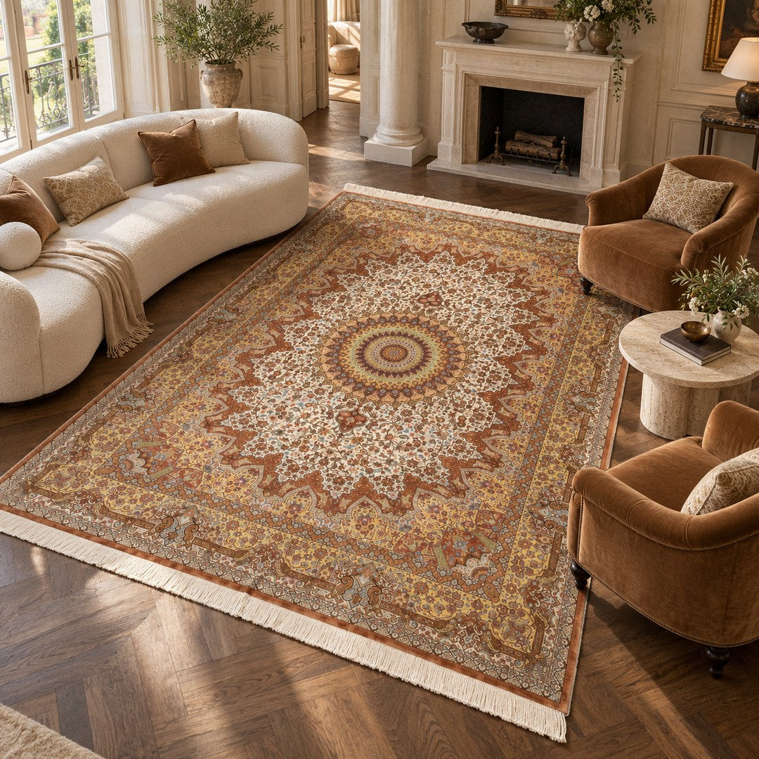 AI-generated interior visualization — MW-HM-0465, 348 × 245 cm rectangular rug. Styling illustration; original product photo shows exact details.
