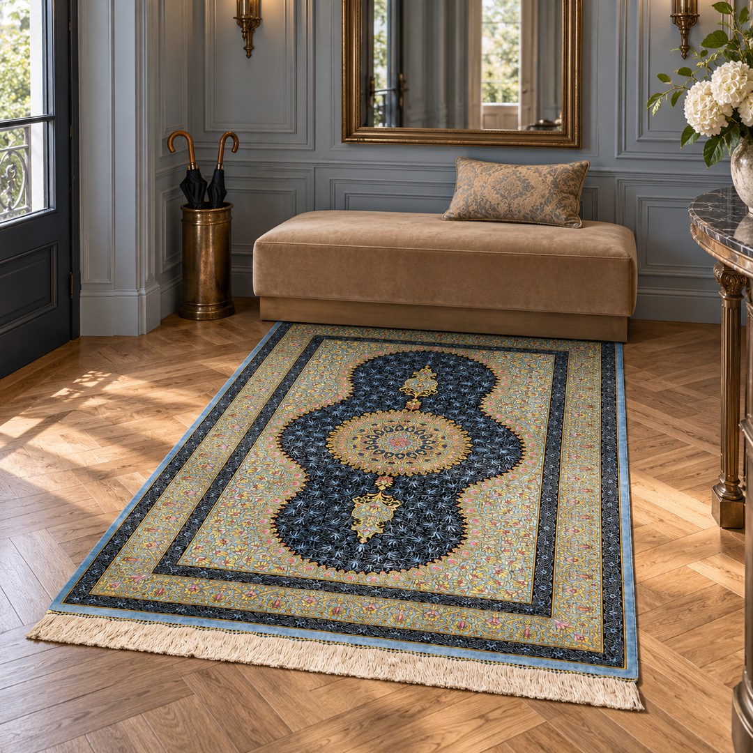 AI-generated interior visualization — MW-HM-0468, 143 × 98 cm rectangular rug. Styling illustration; original product photo shows exact details.