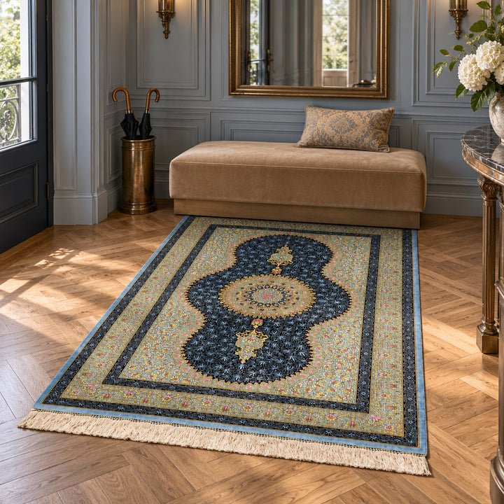 AI-generated interior visualization — MW-HM-0468, 143 × 98 cm rectangular rug. Styling illustration; original product photo shows exact details.
