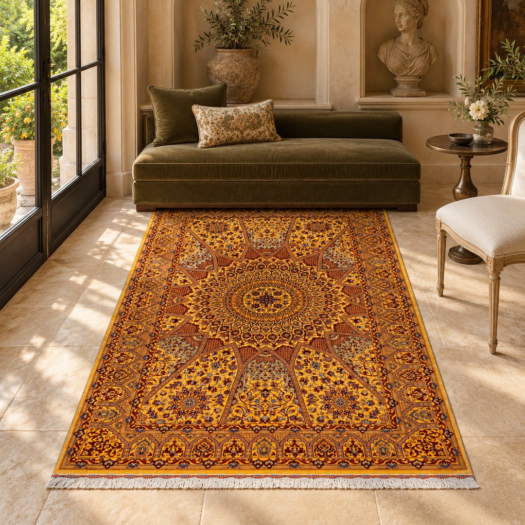AI-generated interior visualization — MW-HM-0469, 150 × 101 cm rectangular rug. Styling illustration; original product photo shows exact details.