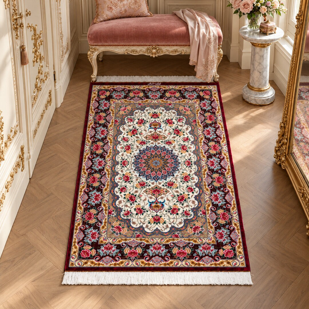AI-generated interior visualization — SKU MW-HM-0472 — rug 147 × 95 cm; illustrative scale, not a customer project.