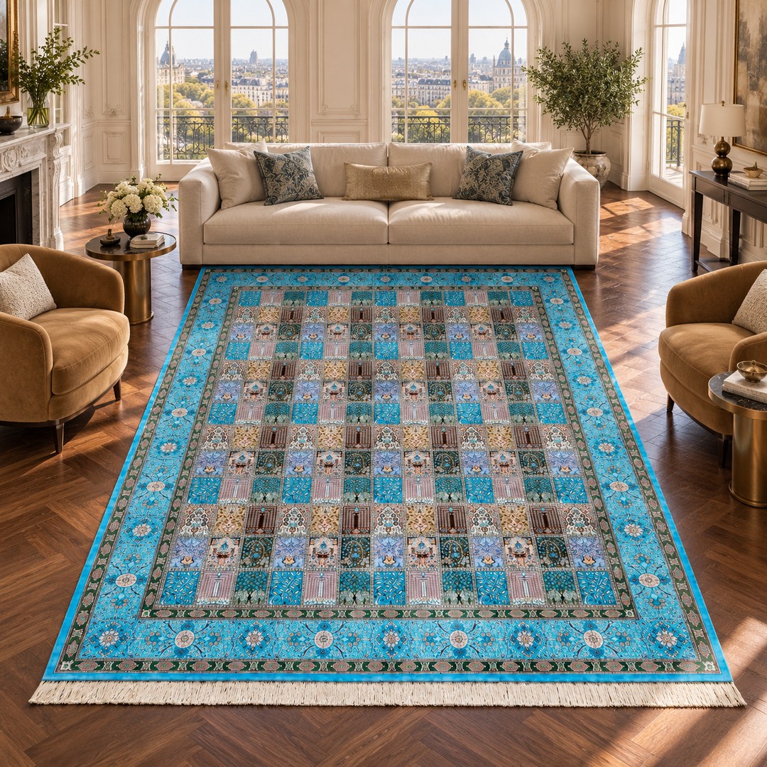 AI-generated interior visualization — MW-HM-0473, 353 × 241 cm rectangular rug. Styling illustration; original product photo shows exact details.