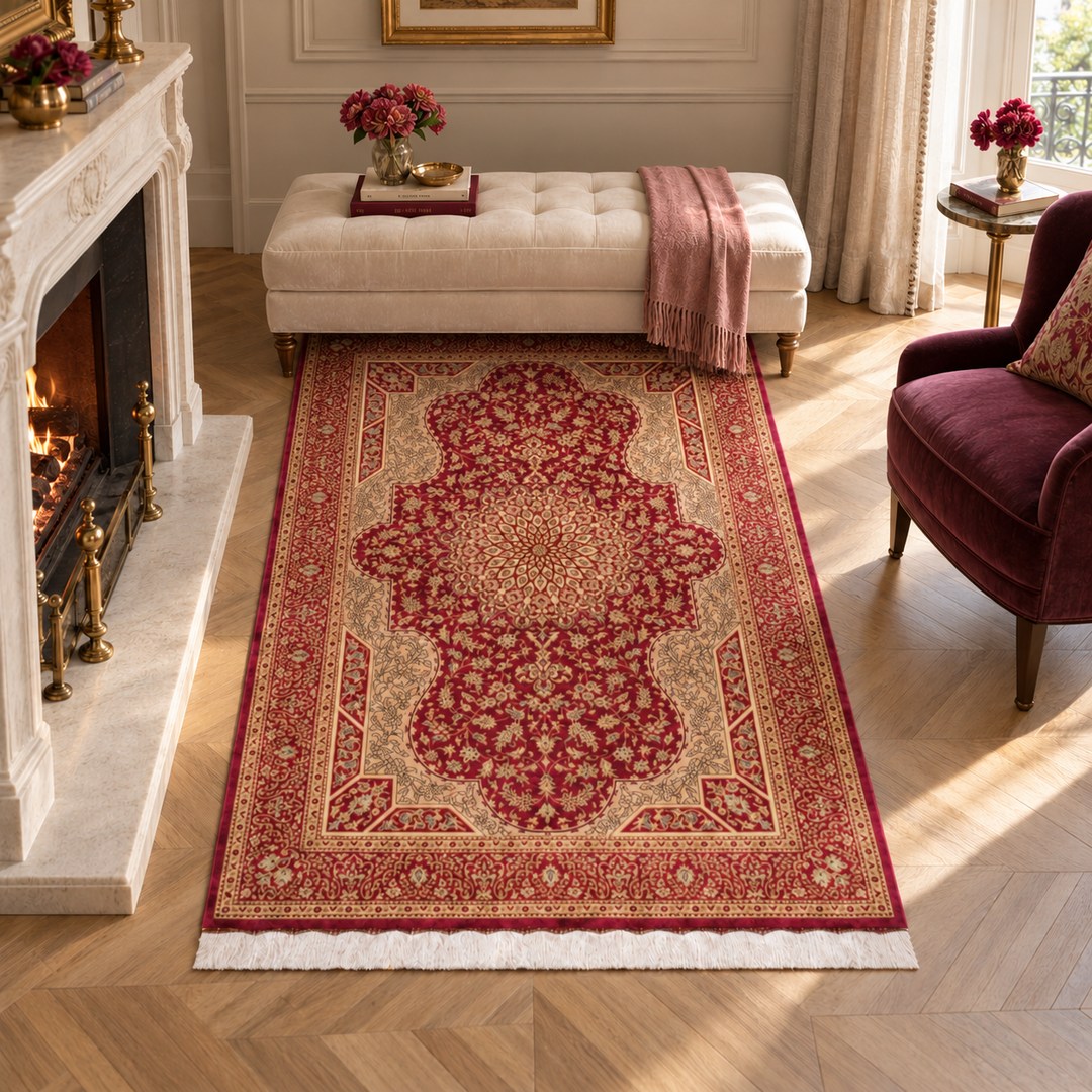 AI-generated interior visualization — MW-HM-0474, 155 × 97 cm rectangular rug. Styling illustration; original product photo shows exact details.