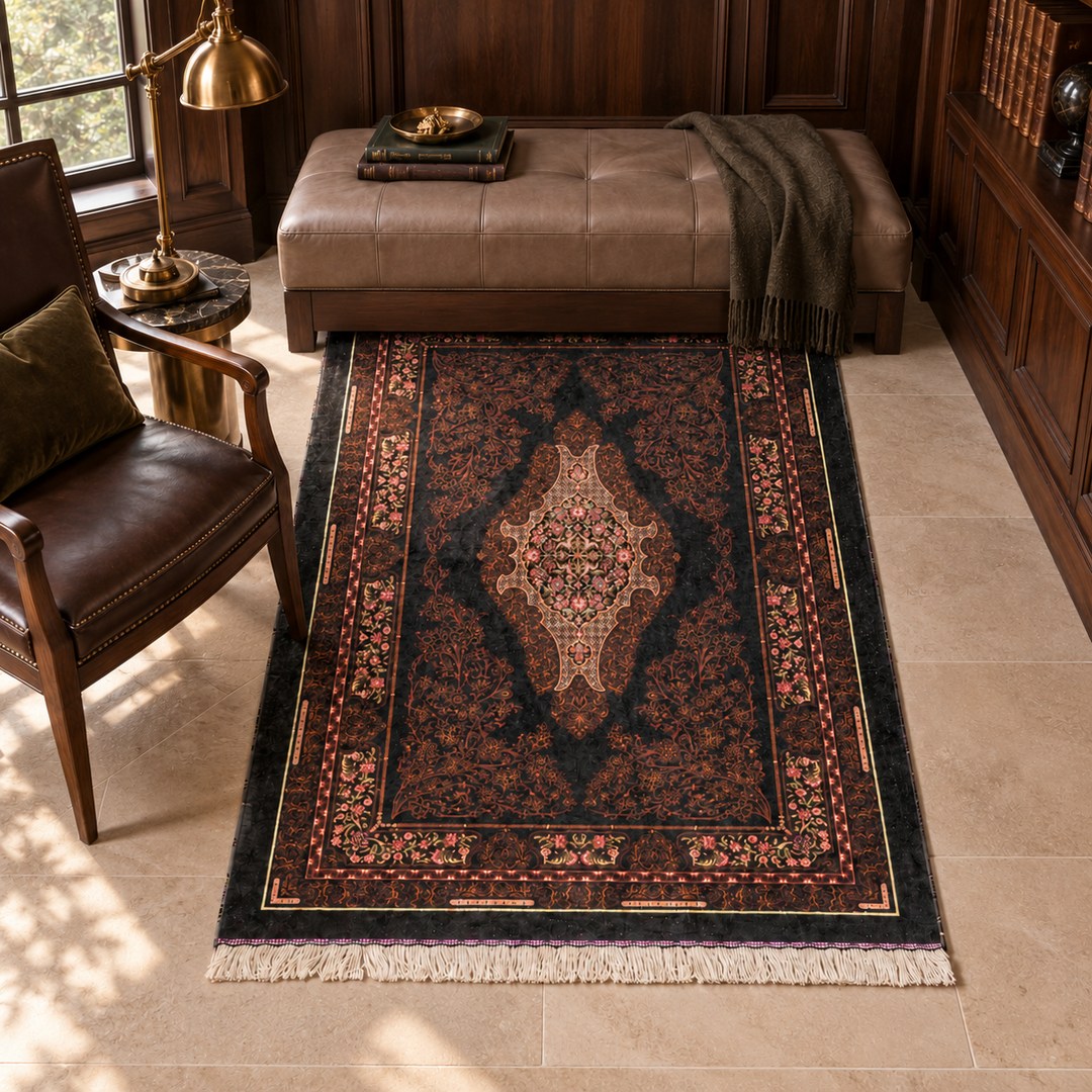 AI-generated interior visualization — MW-HM-0475, 148 × 97 cm rectangular rug. Styling illustration; original product photo shows exact details.