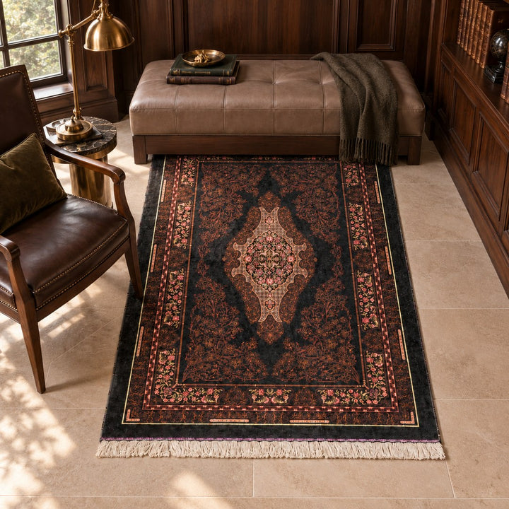 AI-generated interior visualization — MW-HM-0475, 148 × 97 cm rectangular rug. Styling illustration; original product photo shows exact details.