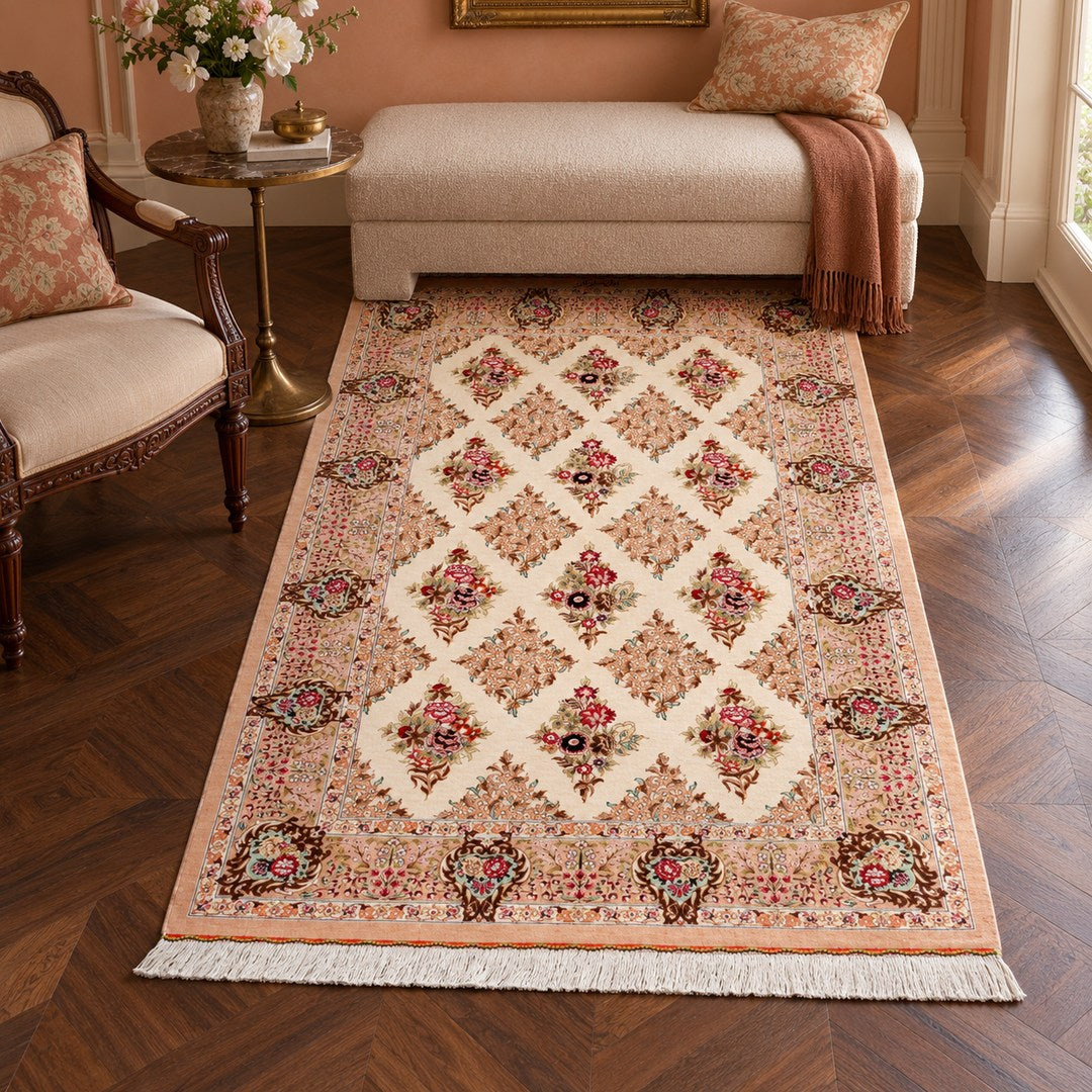 AI-generated interior visualization — MW-HM-0476, 148 × 100 cm rectangular rug. Styling illustration; original product photo shows exact details.