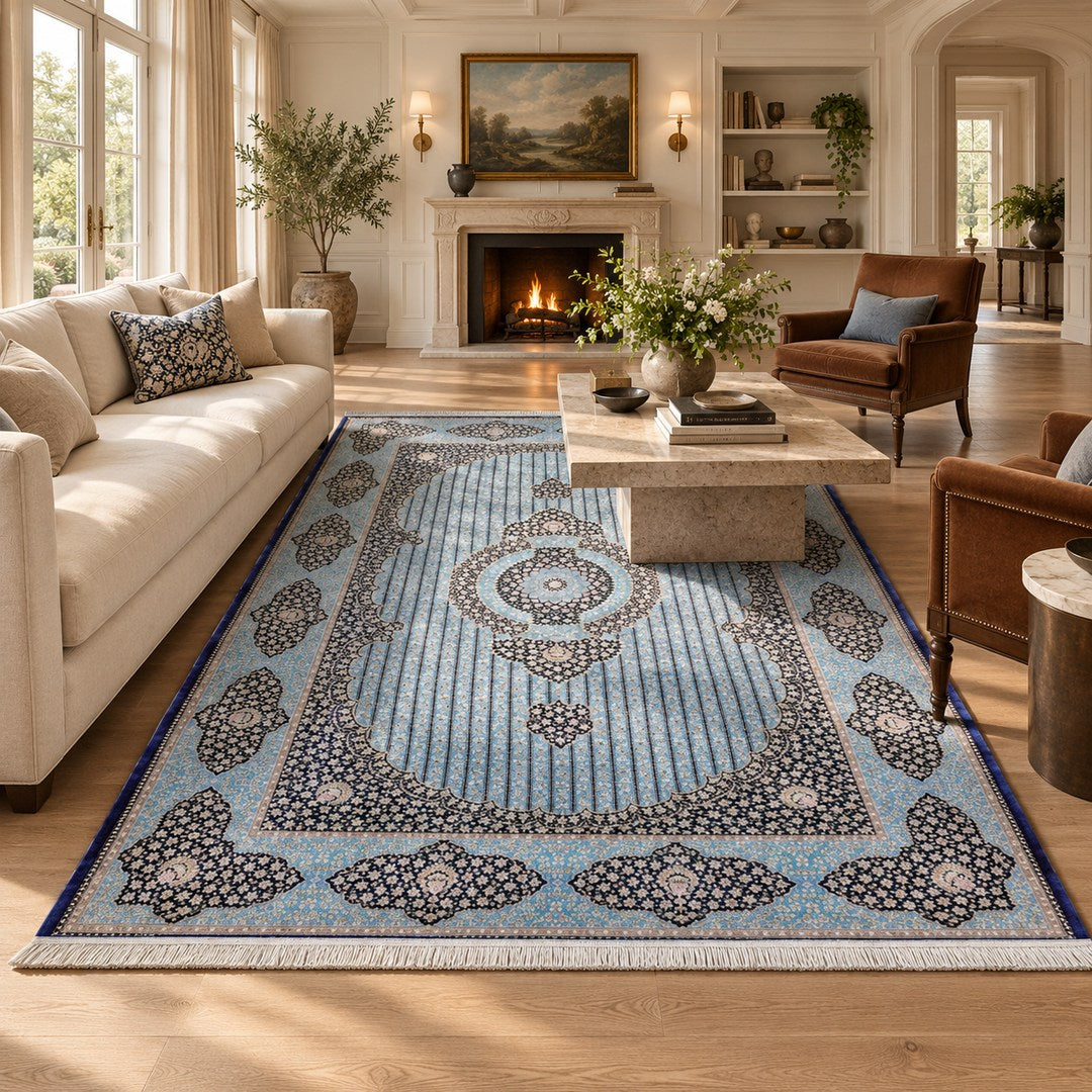 AI-generated interior visualization — MW-HM-0477, 298 × 196 cm rectangular rug. Styling illustration; original product photo shows exact details.