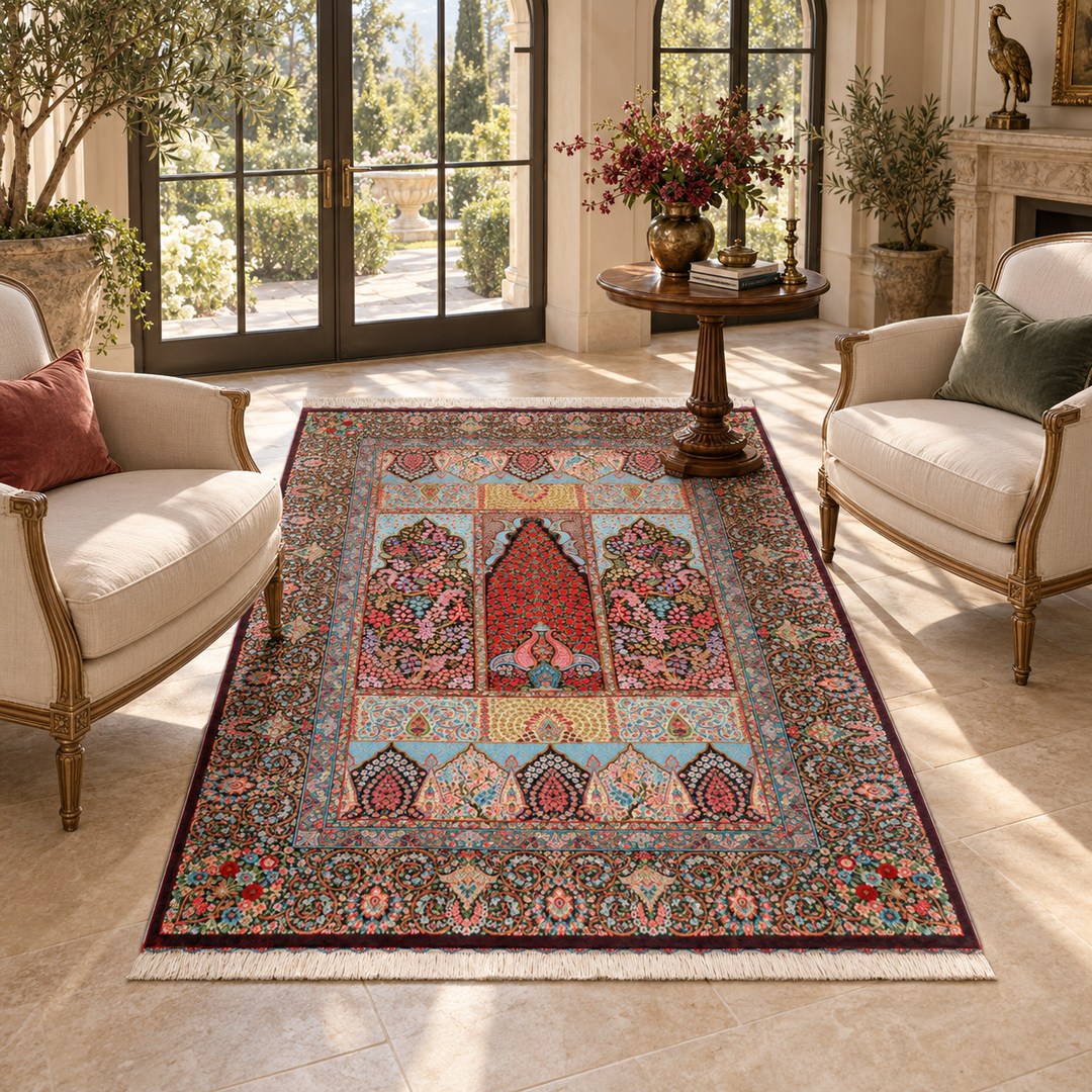 AI-generated interior visualization — MW-HM-0478, 201 × 134 cm rectangular rug. Styling illustration; original product photo shows exact details.