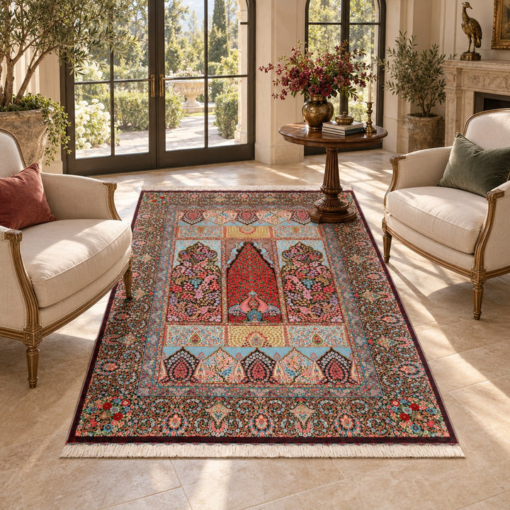 AI-generated interior visualization — MW-HM-0478, 201 × 134 cm rectangular rug. Styling illustration; original product photo shows exact details.