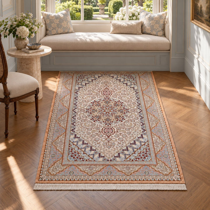 AI-generated interior visualization — MW-HM-0479, 159 × 99 cm rectangular rug. Styling illustration; original product photo shows exact details.