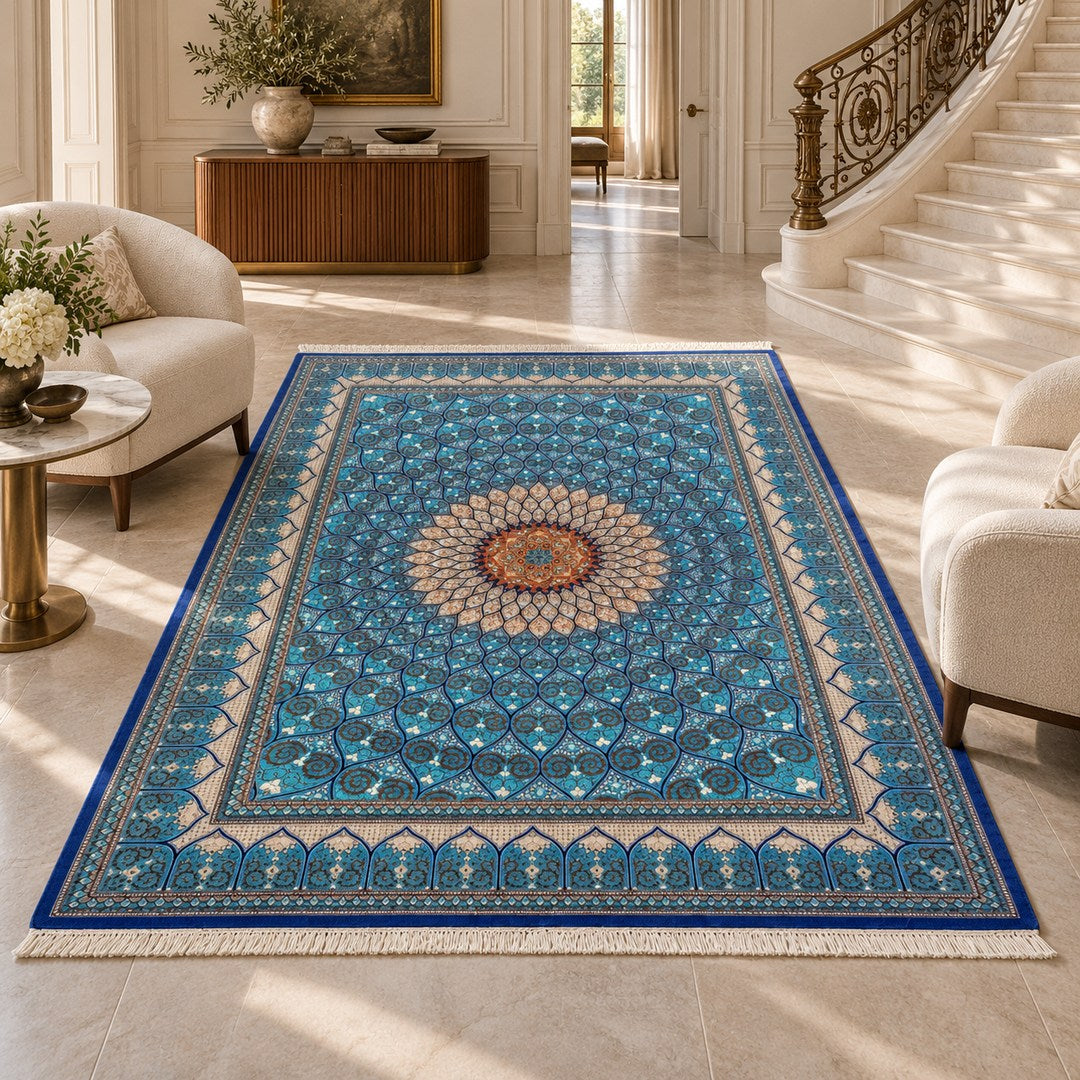 AI-generated interior visualization of MW-HM-0480, rectangle rug 342 × 242 cm. Styling illustration; see original product photograph for exact details.