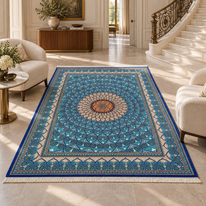 AI-generated interior visualization of MW-HM-0480, rectangle rug 342 × 242 cm. Styling illustration; see original product photograph for exact details.