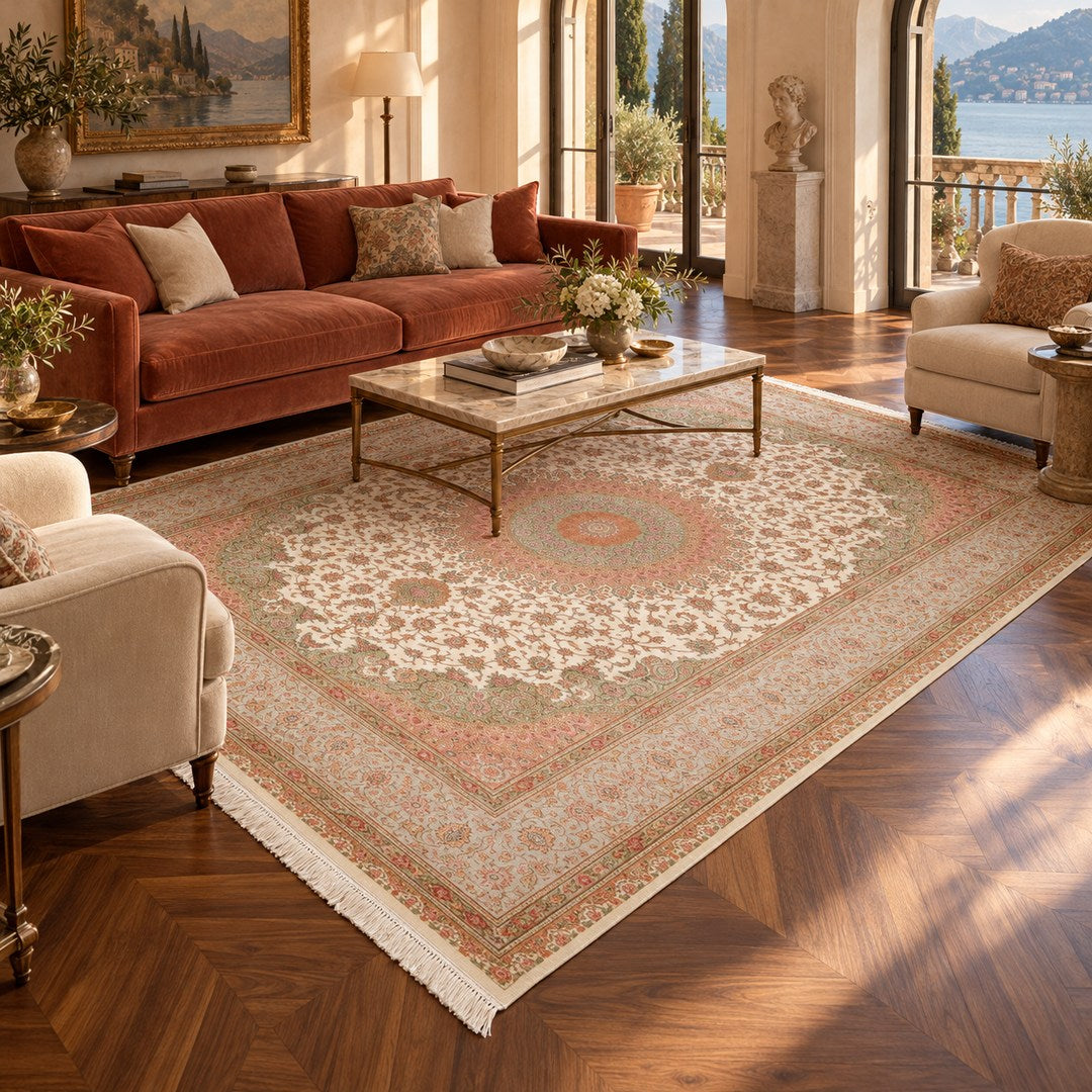 AI-generated interior visualization of MW-HM-0481, rectangular rug 357 × 245 cm. Styling illustration; see original product photograph for exact details.