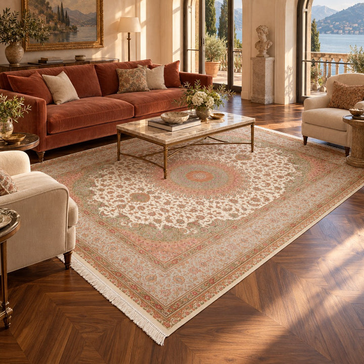 AI-generated interior visualization of MW-HM-0481, rectangular rug 357 × 245 cm. Styling illustration; see original product photograph for exact details.