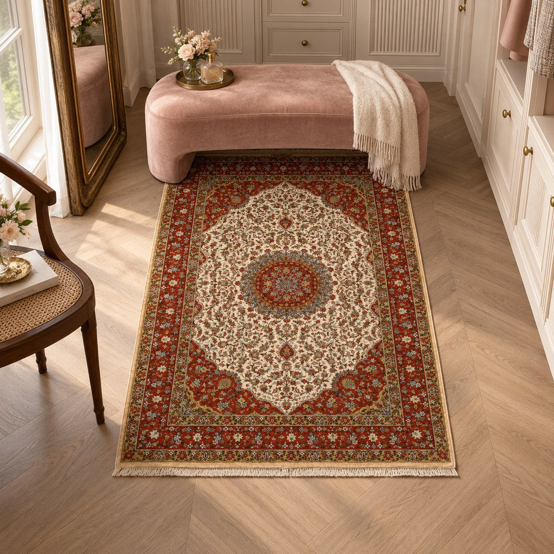 AI-generated interior visualization — MW-HM-0482, 147 × 97 cm rectangular rug. Styling illustration; original product photo shows exact details.