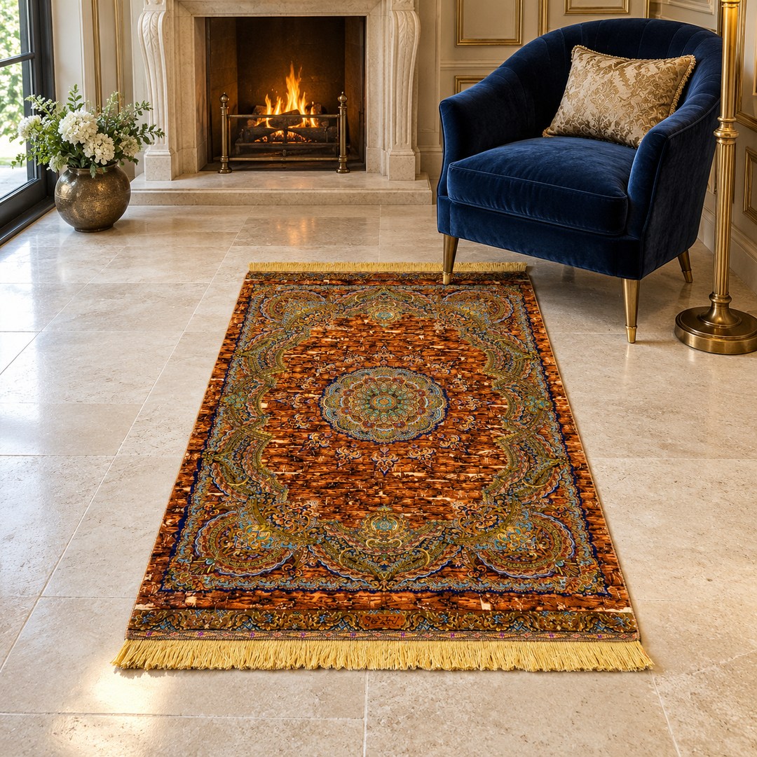 AI-generated interior visualization of MW-HM-0484, rectangular rug 158 × 101 cm. Styling illustration; see the original product photograph for exact details.