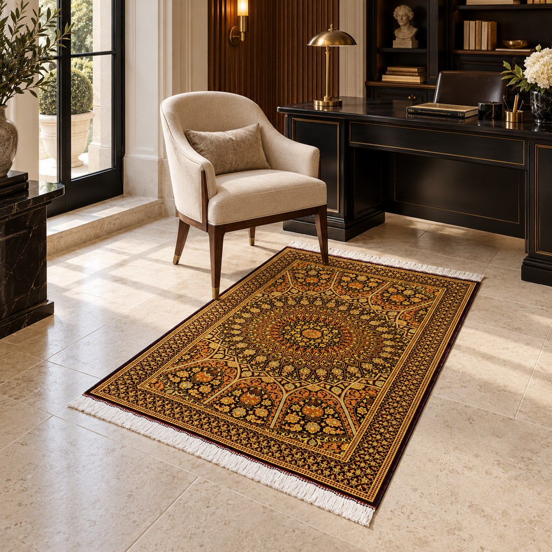 AI-generated interior visualization of MW-HM-0488, rectangular rug 147 × 98 cm. Styling illustration; see the original product photograph for exact details.