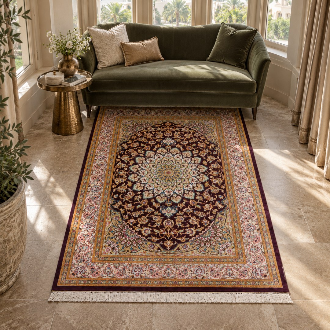 AI-generated interior visualization — MW-HM-0489, 150 × 98 cm rectangular rug. Styling illustration; original product photo shows exact details.