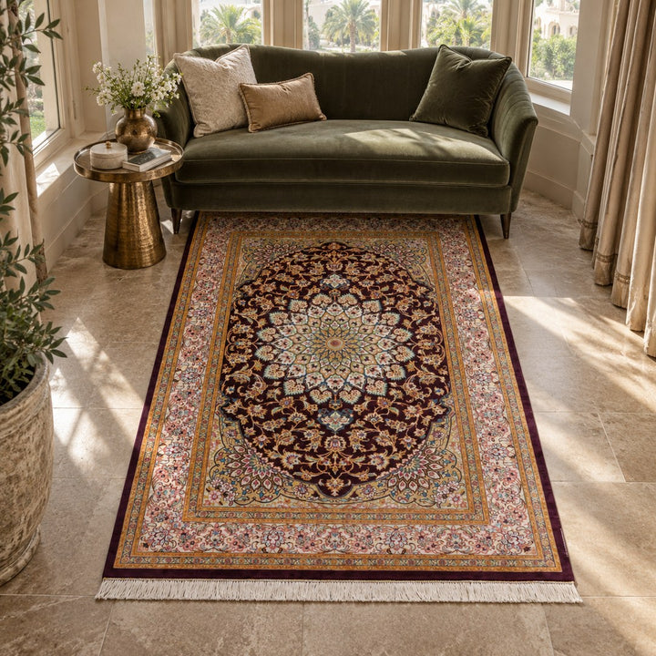 AI-generated interior visualization — MW-HM-0489, 150 × 98 cm rectangular rug. Styling illustration; original product photo shows exact details.