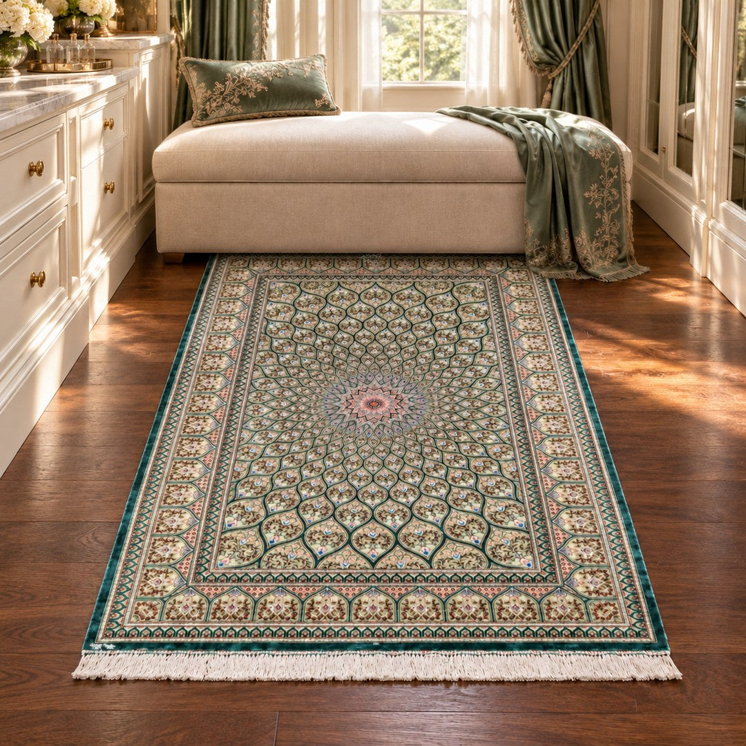 AI-generated interior visualization of MW-HM-0493, rectangle rug 145 × 100 cm. Styling illustration; see original product photograph for exact details.