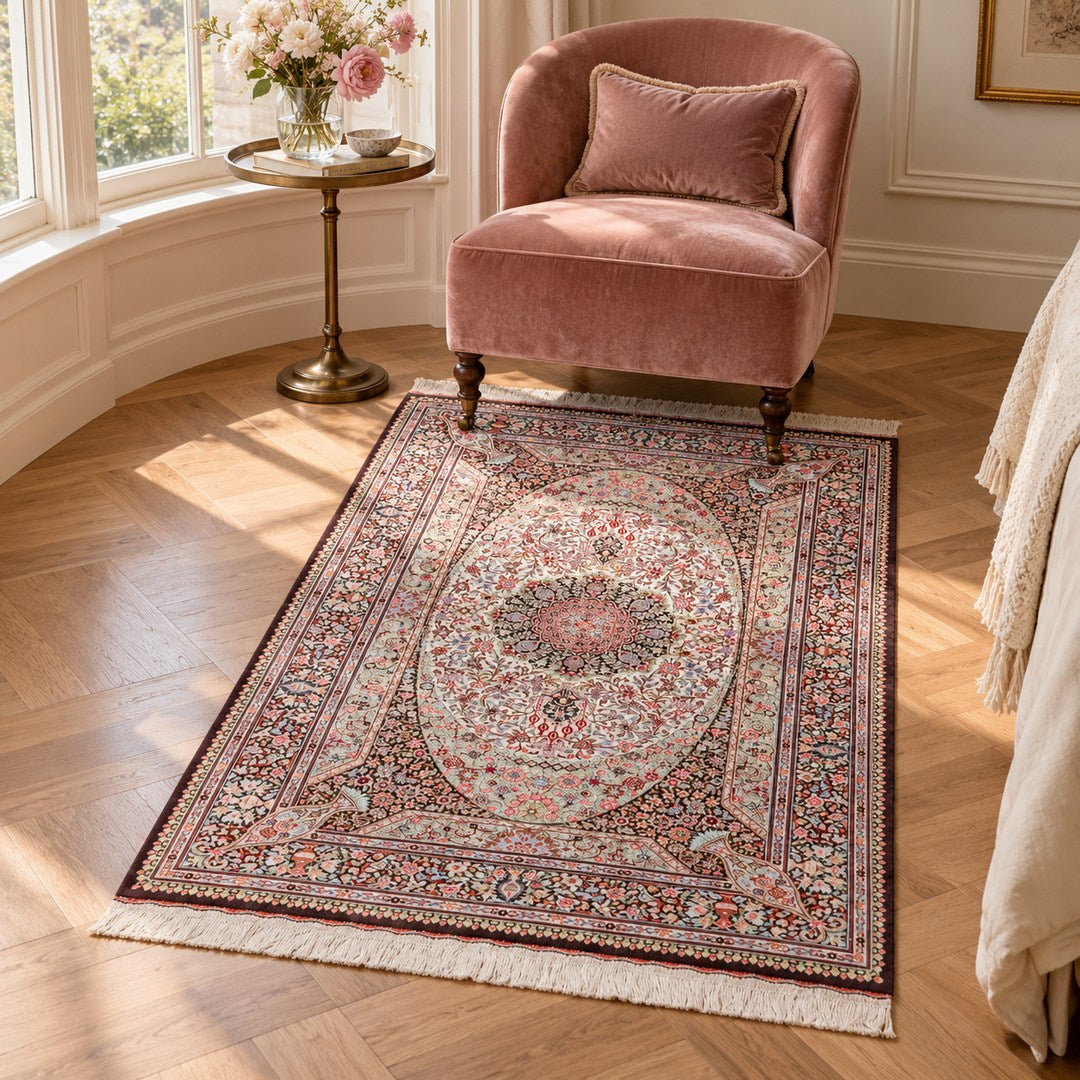 AI-generated interior visualization of MW-HM-0494, rectangular rug 150 × 99 cm. Styling illustration; see the original product photograph for exact details.