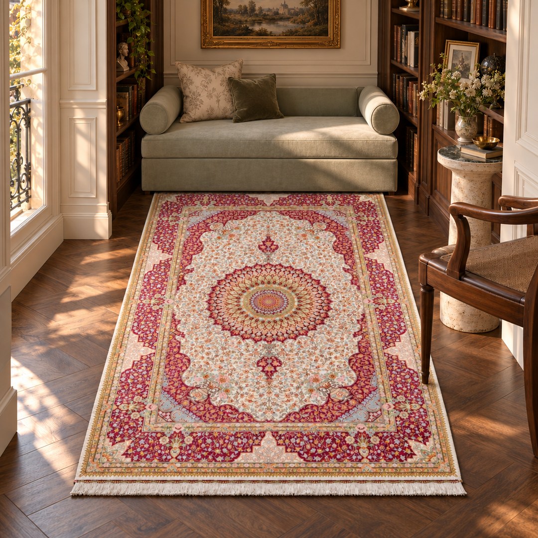 AI-generated interior visualization — MW-HM-0496, 151 × 98 cm rectangular rug. Styling illustration; original product photo shows exact details.