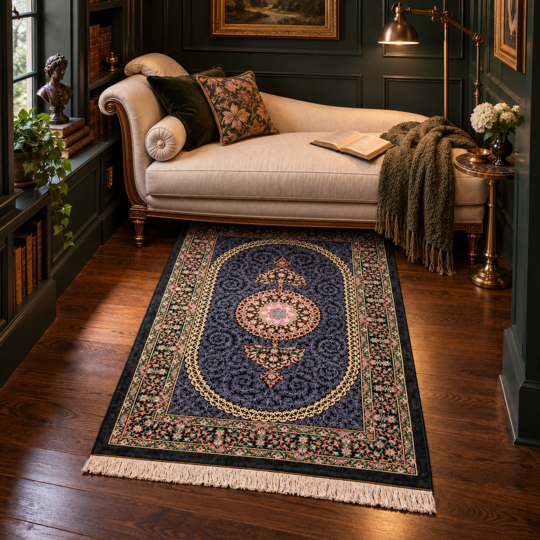 AI-generated interior visualization — MW-HM-0504, 152 x 98 cm rectangular rug. Styling illustration; original product photo shows exact details.