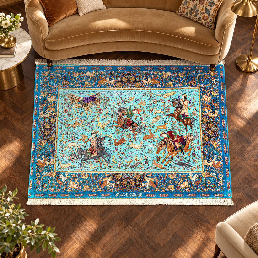 AI-generated interior visualization with original rug photograph — MW-HM-0506, woven rug 198 x 135 cm, excluding any frame. Illustrative scale, not a customer project.