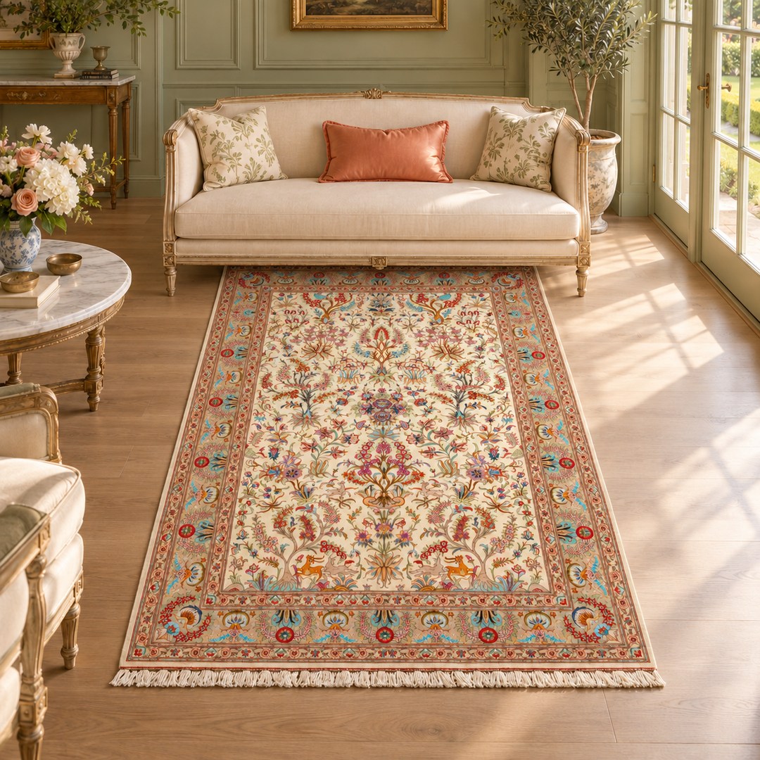 AI-generated interior visualization — MW-HM-0507, 203 x 131 cm rectangular rug. Styling illustration; original product photo shows exact details.
