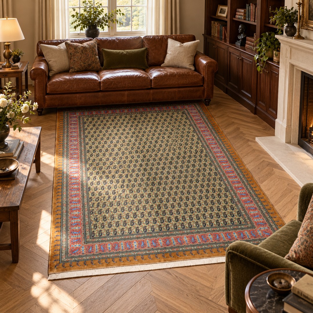 AI-generated interior visualization — MW-HM-0508, 296 x 199 cm rectangular rug. Styling illustration; original product photo shows exact details.