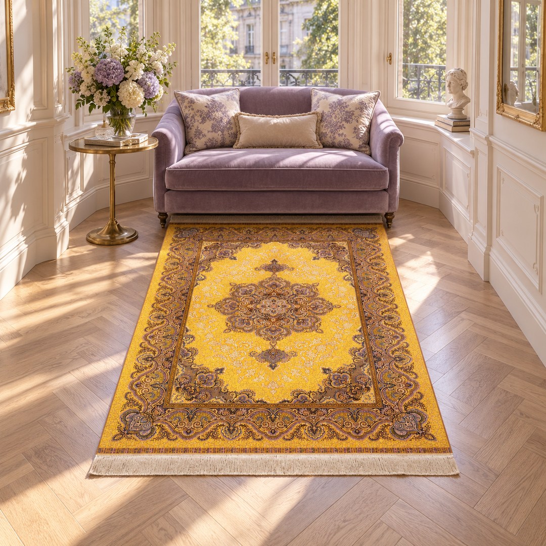 AI-generated interior visualization — MW-HM-0509, 212 x 135 cm rectangular rug. Styling illustration; original product photo shows exact details.