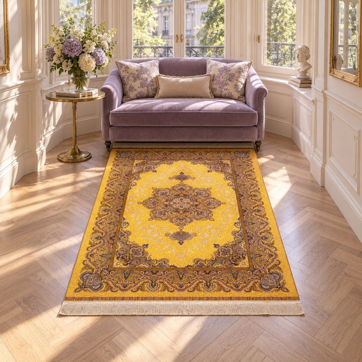 AI-generated interior visualization — MW-HM-0509, 212 x 135 cm rectangular rug. Styling illustration; original product photo shows exact details.