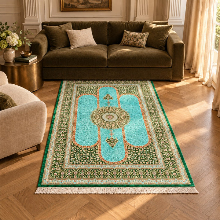 AI-generated interior visualization — MW-HM-0510, 200 x 133 cm rectangular rug. Styling illustration; original product photo shows exact details.