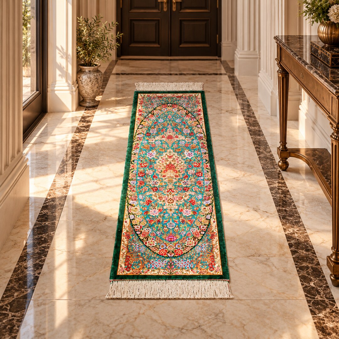 AI-generated interior visualization — MW-HM-0511, 115 x 40 cm, handmade silk runner; illustrative styling, not a customer project or measurement.