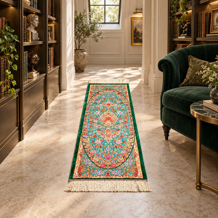 AI-generated interior visualization — MW-HM-0512, 116 x 39 cm, handmade silk runner; illustrative styling, not a customer project or measurement.