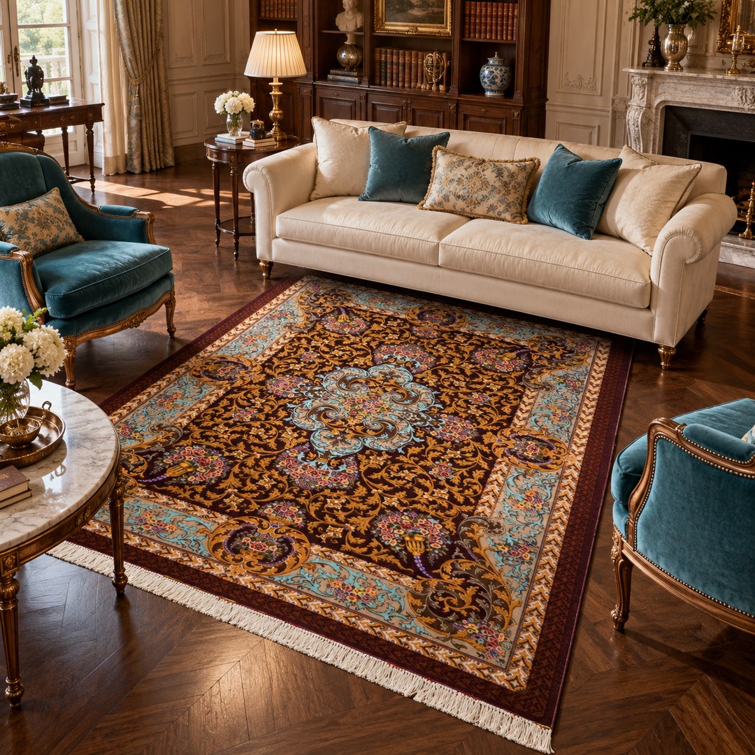 AI-generated interior visualization — MW-HM-0514, rectangular rug 295 x 200 cm. Styling illustration; original product photo shows exact details.