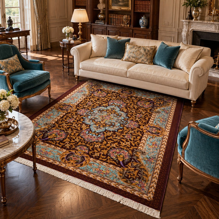 AI-generated interior visualization — MW-HM-0514, rectangular rug 295 x 200 cm. Styling illustration; original product photo shows exact details.