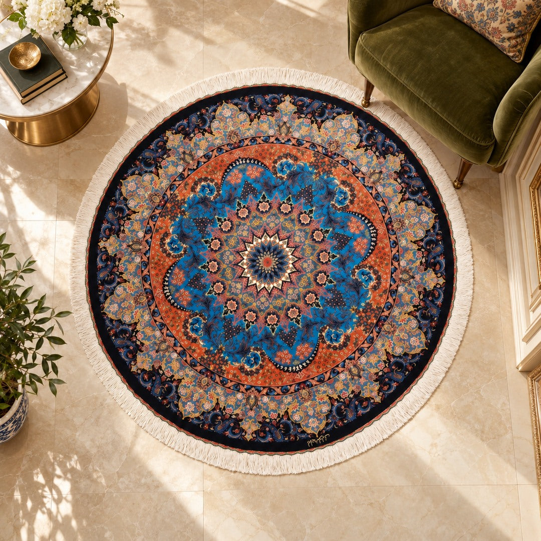AI-generated interior visualization — MW-HM-0518; woven rug 149 x 149 cm, excluding any frame. Illustrative scale, not a customer project.